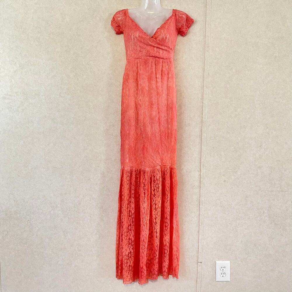 Womens Lace Wrap Long Dress V Neck Puff Sleeve, Wide Skirt Long, Peach, Small
